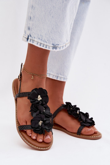 Platte sandalen voor dames met decoratieve bloemenmotieven in zwarte kleur Noemia 2