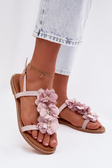 Platte sandalen voor dames met decoratieve bloemenmotieven in paarse kleur Noemia