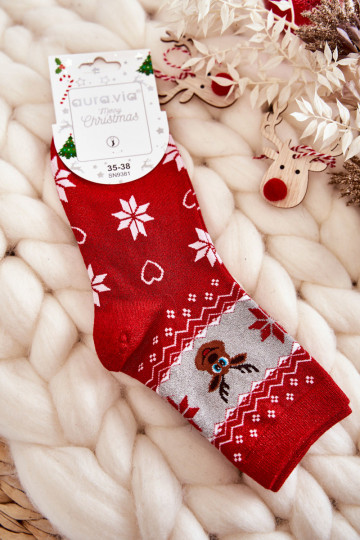 Dames kerstkousen met glans Rendieren rood-grijze kleur 2