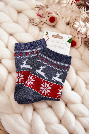 Dames kerstkousen met glans Rendieren donkerblauwe kleur