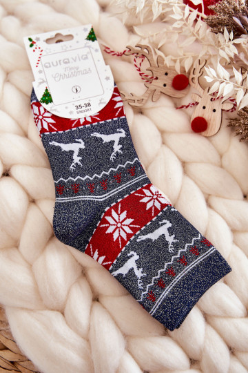 Dames kerstkousen met glans Rendieren donkerblauwe kleur 2