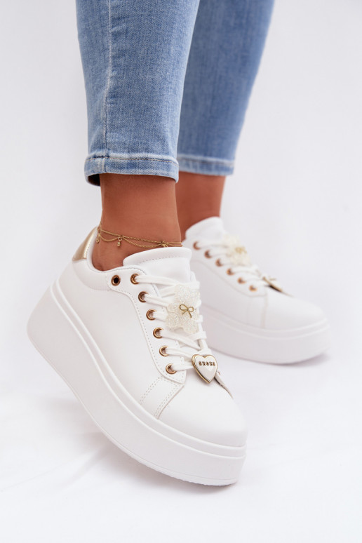 Sneakers Stilvollllschuhe Feminin mit einer PlattformPrzypinkami Teddybären mit Herzen INeiß-goldene Farbe Selorissa