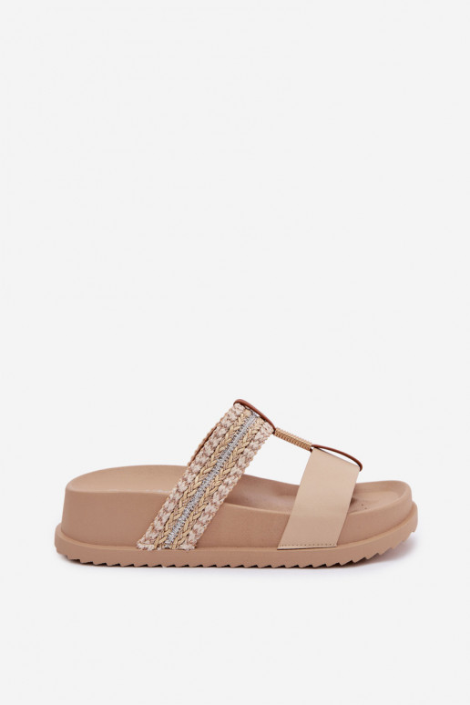 Damenhausschuhe mit einer Plattform mit Streifen I goldene Farbem Detalem Beige Tahlia