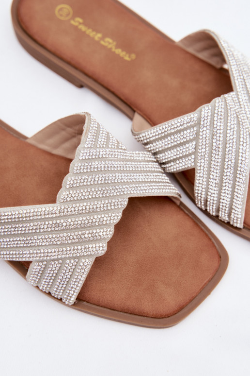 Damenhausschuhe mit breiten Absätzen mit blitzenden Augen Silberfarbe Zinnia