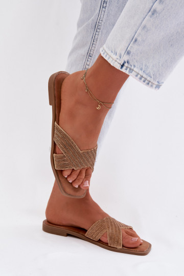 Damen-Pantoletten mit breiten Absätzen und glitzernden Steinchen, goldfarben, Zinnia
