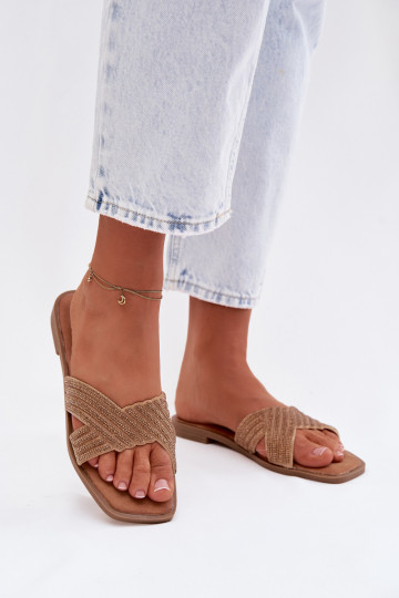 Dames slippers met brede hakken en sprankelende steentjes, goud, Zinnia 2