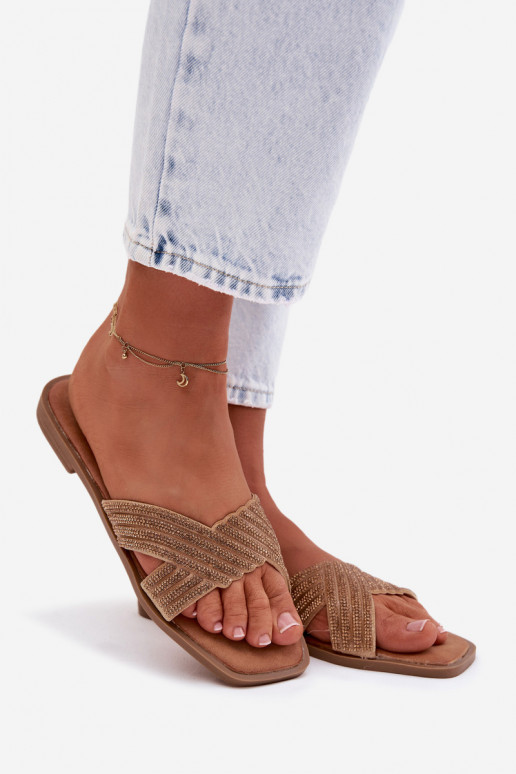 Damespantoffels met brede hakken met sprankelende gaten gouden kleur Zinnia