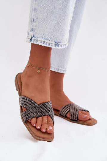 Dames slippers met brede hakken en sprankelende steentjes, zwart, Zinnia