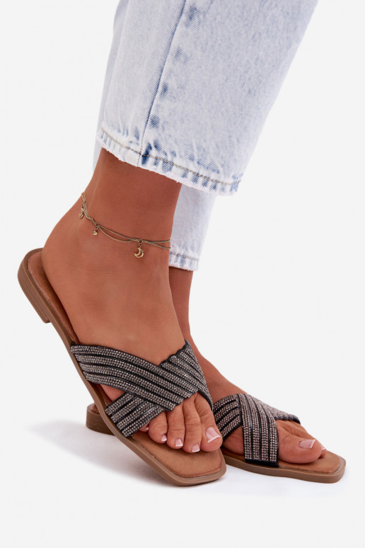 Damenhausschuhe mit breiten Absätzen mit blitzenden Augen schZuarze Farbe Zinnia