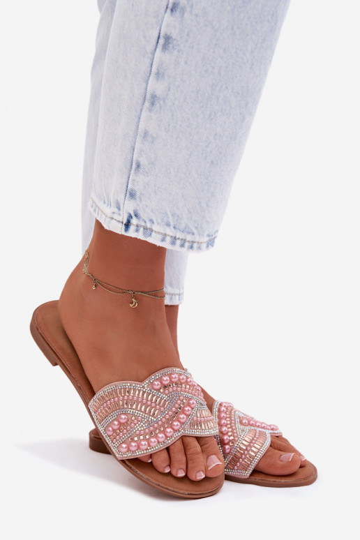 Dekoriert Hausschuhe mit breiten Absätzen pinke Farbe Dovima