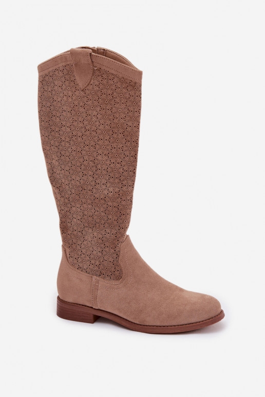 bottes pour femmes avec des éléments ajourés avec des talons larges S.Barski HY61-8022 beige