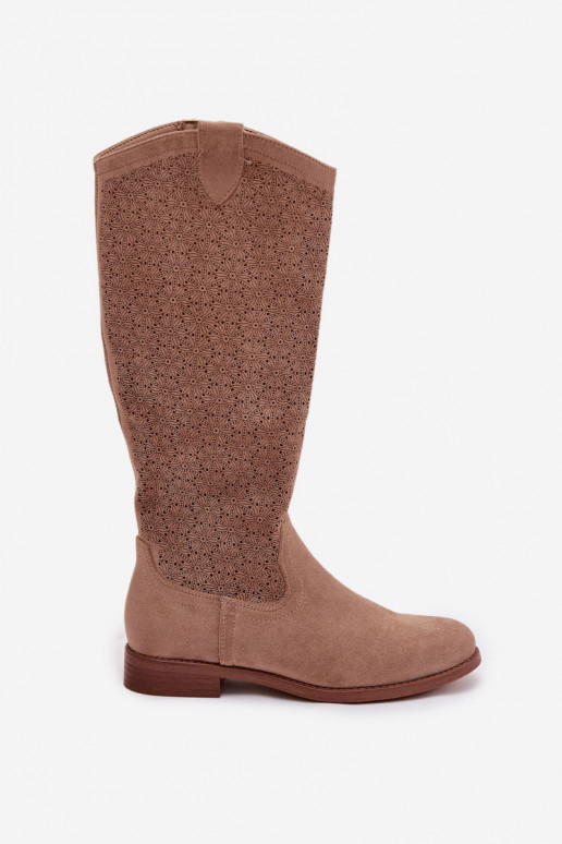 Damenstiefel mit durchbrochenen Elementen mit breiten Absätzen S.Barski HY61-8022 Beige