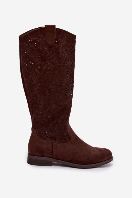 mit durchbrochenen Elementen Damenstiefel mit breiten Absätzen S.Barski HY61-8023 CzekoladoZue