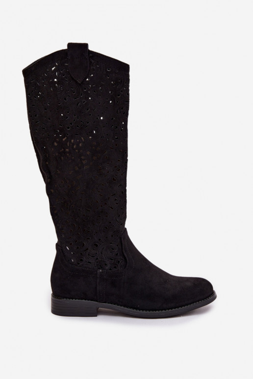 mit durchbrochenen Elementen Damenstiefel mit breiten Absätzen S.Barski HY61-8023 schZuarze Farbe