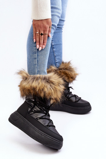 Bottes de neige pour femmes avec fourrure et plateforme couleur noire Įjungtabilla