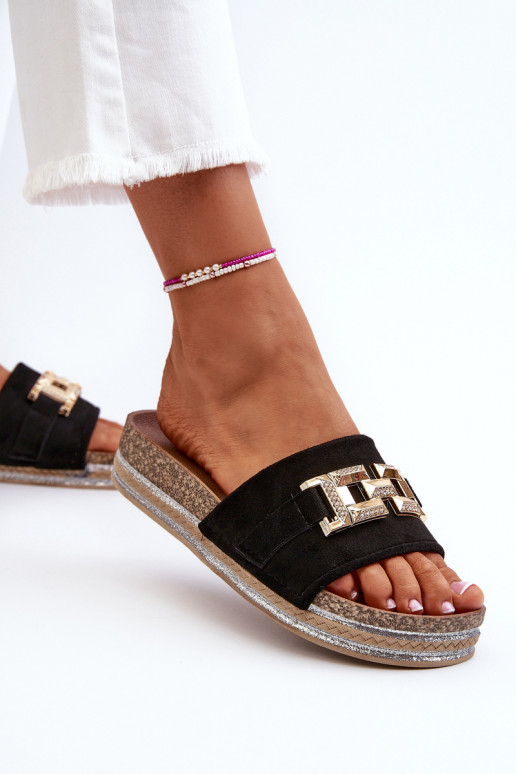 Damen-Plateaupantoffeln mit Verzierung schZuarze Farbe Vapireta