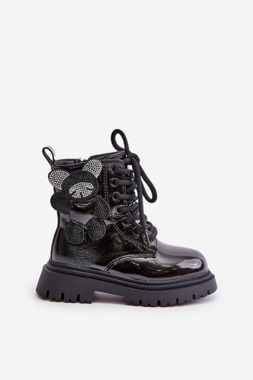 réchauffer Bottes Puéril Avec l ours Au Château avec effet vernis couleur noire Relobia