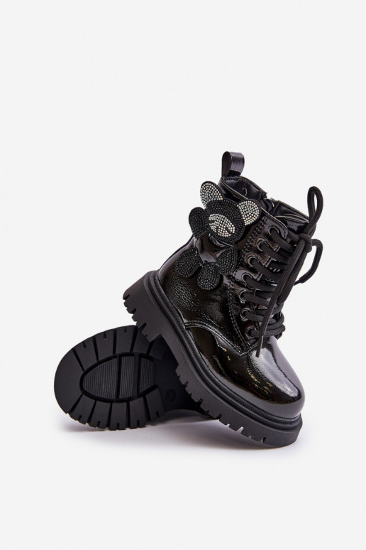 réchauffer Bottes Puéril Avec l ours Au Château avec effet vernis couleur noire Relobia