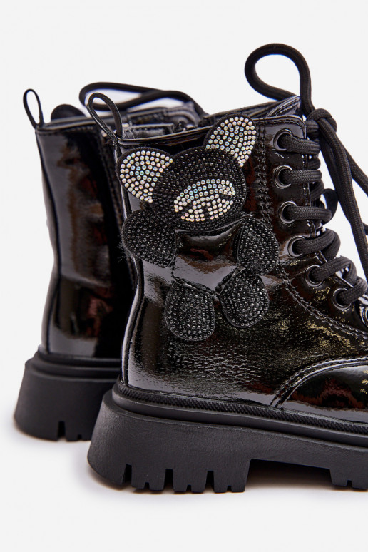 réchauffer Bottes Puéril Avec l ours Au Château avec effet vernis couleur noire Relobia