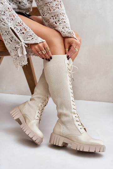 bottes pour femmes avec une semelle intérieure de type chaussette avec des lacets avec des talons larges beige Vamisha