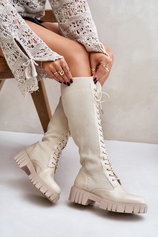 bottes pour femmes avec une semelle intérieure de type chaussette avec des lacets avec des talons larges beige Vamisha