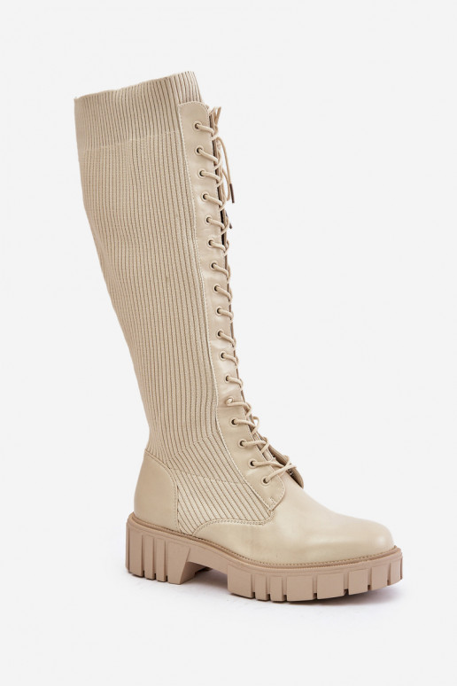 bottes pour femmes avec une semelle intérieure de type chaussette avec des lacets avec des talons larges beige Vamisha