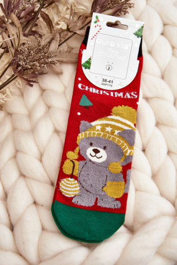 Chaussettes de Noël pour femmes avec ours en peluche couleur rouge