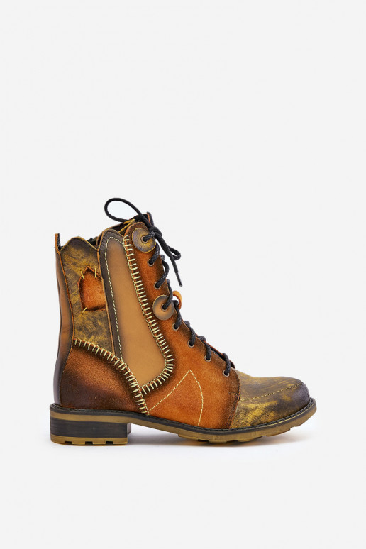 Haut Damenstiefel mit breiten Absätzen Es mussciejka 06719-07 gelbe Farbe