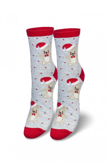 Chaussettes de Noël pour femmes avec ours en peluche et le Père Noël couleur grise