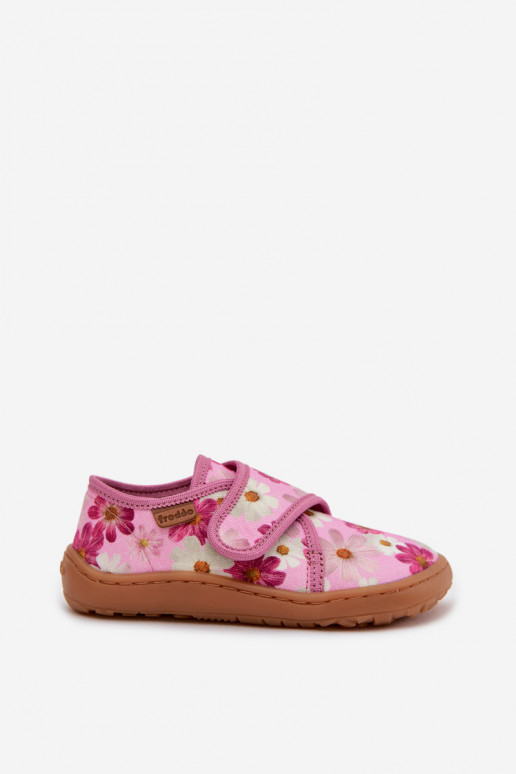 Hausschuhe Kindisch Kindisch mit Klebeverschlüssen Barefoot mit Blumen Froddo G1700438-8 pinke Farbe