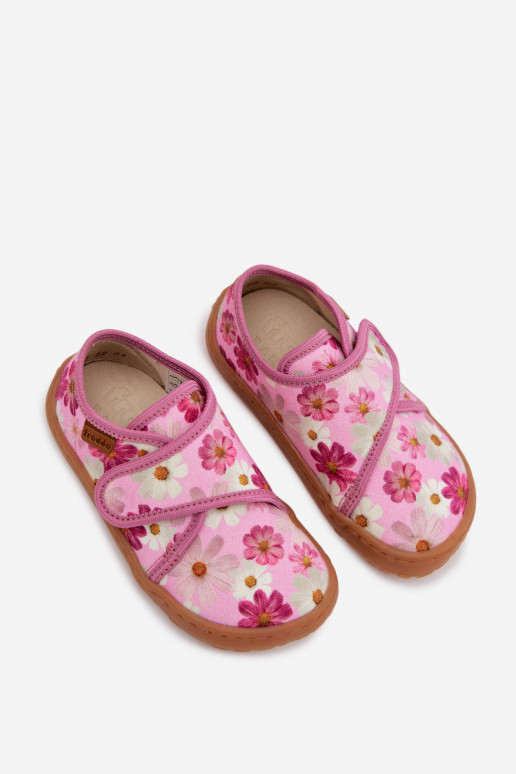 Chaussons Puéril Puéril avec attaches adhésives Barefoot avec des fleurs Froddo G1700438-8 couleur rose