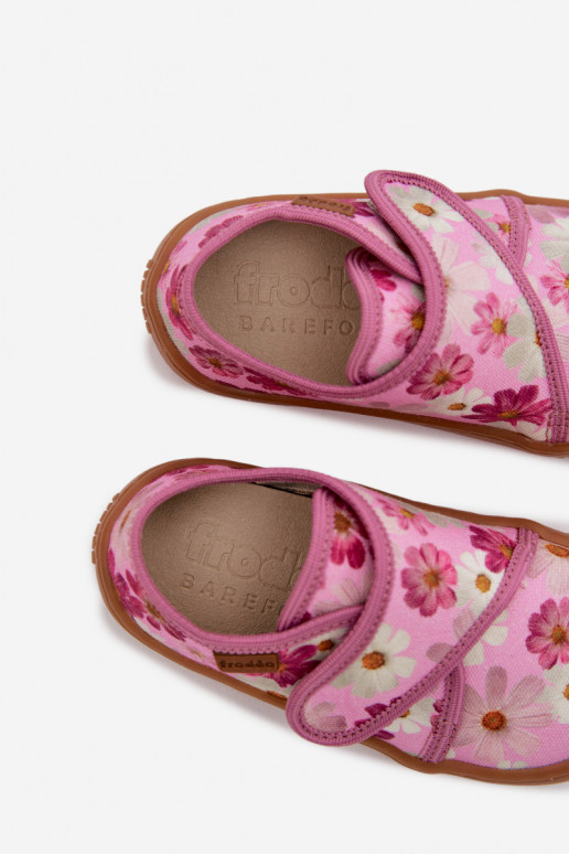 Slippers Kinderen Kinderen met zelfklevende bevestigingsmiddelen Barefoot met bloemen Froddo G1700438-8 roze