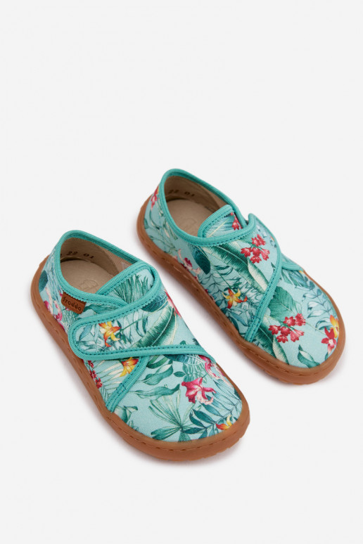 Slippers Kinderen met zelfklevende bevestigingsmiddelen Barefoot met bloemmotieven Liście Froddo G1700438-14 mint kleuren