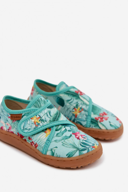 Chaussons Puéril avec attaches adhésives Barefoot avec des motifs floraux Liście Froddo G1700438-14 couleur menthe