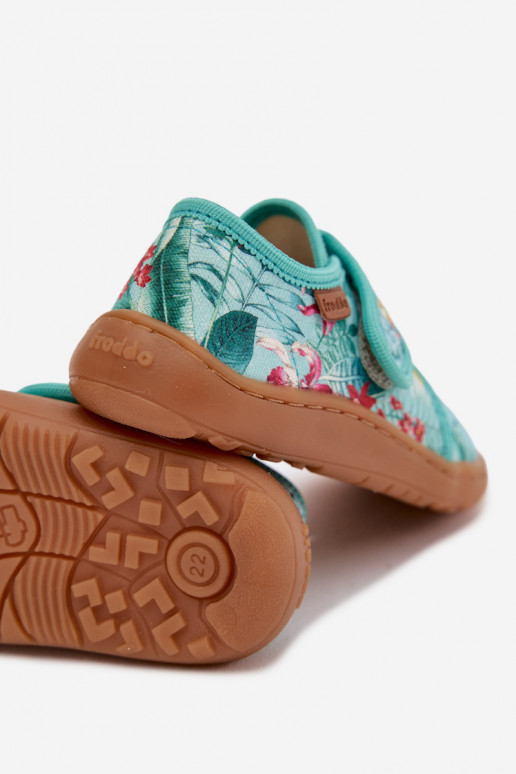 Hausschuhe Kindisch mit Klebeverschlüssen Barefoot mit floralen Motiven Liście Froddo G1700438-14 Mintfarbe