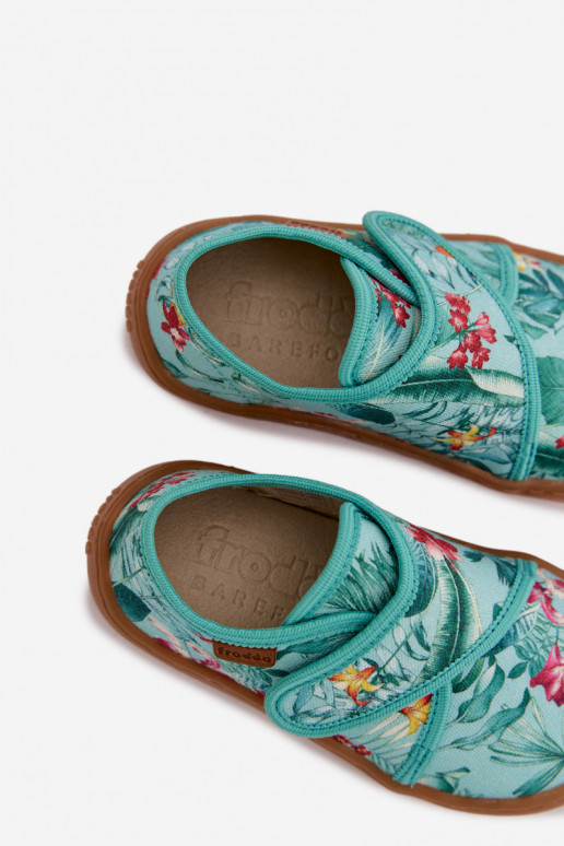 Hausschuhe Kindisch mit Klebeverschlüssen Barefoot mit floralen Motiven Liście Froddo G1700438-14 Mintfarbe