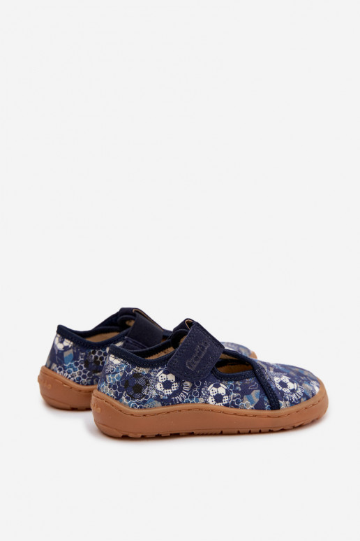 Hausschuhe Kindisch mit Klebeverschlüssen Barefoot Bälle Froddo Cannvas G1700439-5 blaue Farbe