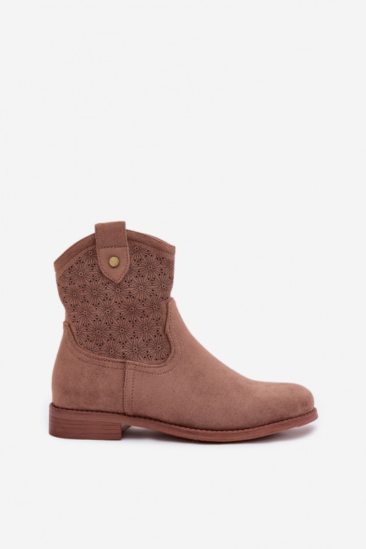 Bottes pour femmes avec des talons larges avec des éléments ajourés S.Barski HY61-8025 marron