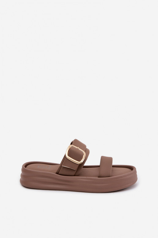  Damenhausschuhe mit einer Plattform mit Streifen I Złotą mit Schnallen Khaki-Farbe Ameliette