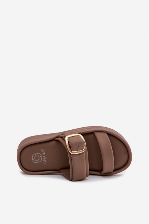  Pantoufles pour femmes avec une plateforme avec des bandes I Złotą avec boucles couleur kaki Ameliette