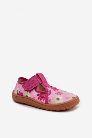 Slippers Kinderen met zelfklevende bevestigingsmiddelen met bloemen Barefoot Froddo Cannvas G1700439-4 roze