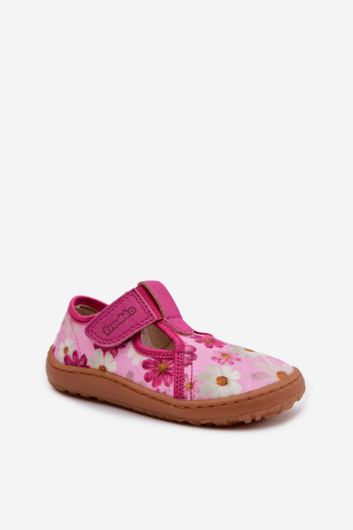 Slippers Kinderen met zelfklevende bevestigingsmiddelen met bloemen Barefoot Froddo Cannvas G1700439-4 roze