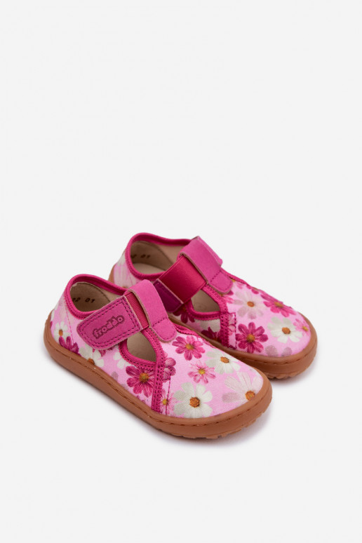 Chaussons Puéril avec attaches adhésives avec des fleurs Barefoot Froddo Cannvas G1700439-4 couleur rose