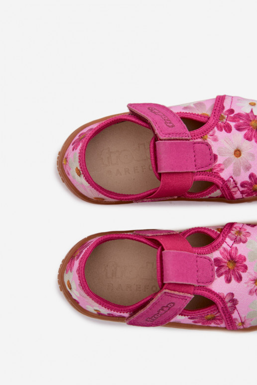 Slippers Kinderen met zelfklevende bevestigingsmiddelen met bloemen Barefoot Froddo Cannvas G1700439-4 roze