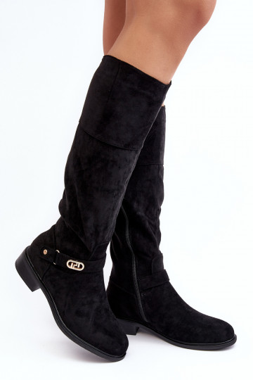 Bottes longues en suède doublées avec talons larges S.Barski HY07-31 couleur noire