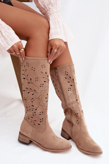 Chaki-farbene Damen überknie Stiefel mit durchbrochenen Elementen Helinna