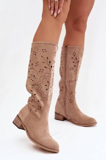 Chaki-farbene Damen überknie Stiefel mit durchbrochenen Elementen Helinna 2