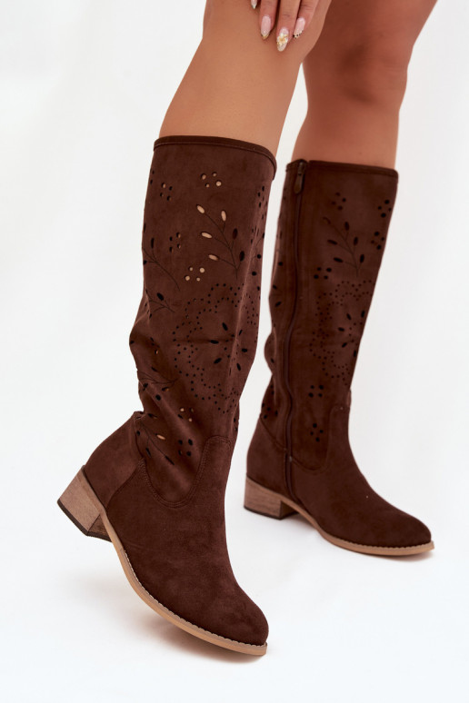 Schokoladenfarbene Damenstiefel mit Durchbrüchelementen Helinna