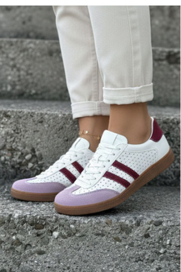 Zazoo N1318 Damen-Sneaker aus Kunstleder mit Lochmuster in Weiß-Violett