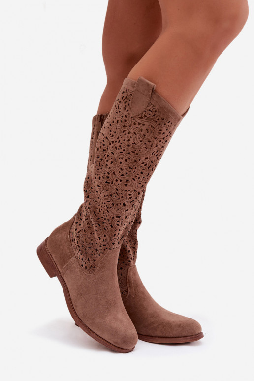 mit durchbrochenen Elementen Damenstiefel mit breiten Absätzen S.Barski HY61-8023 braune Farbe